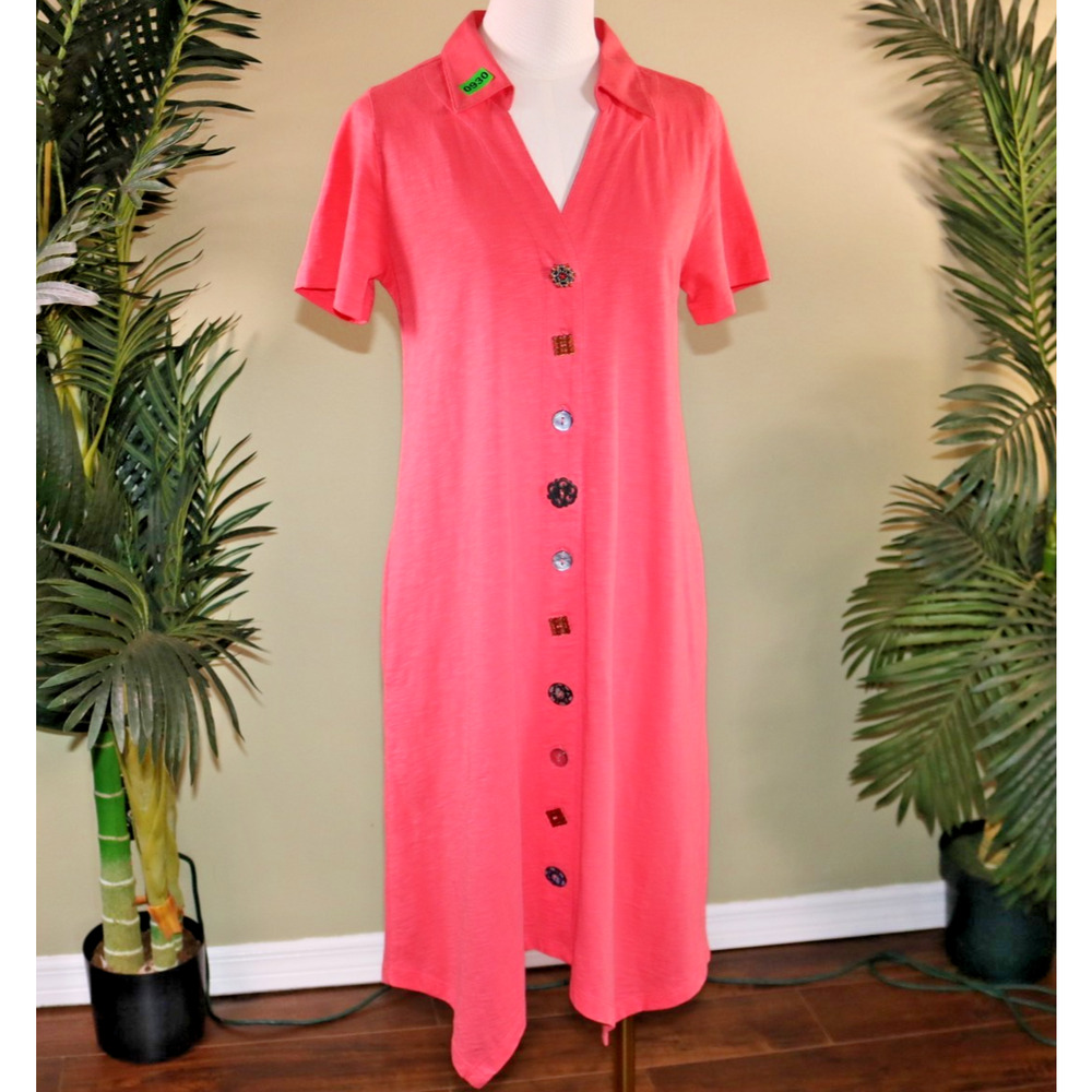 Soft Surroundings Coral Button Front Dress XS Asymmetrical Hem Mixed Buttons